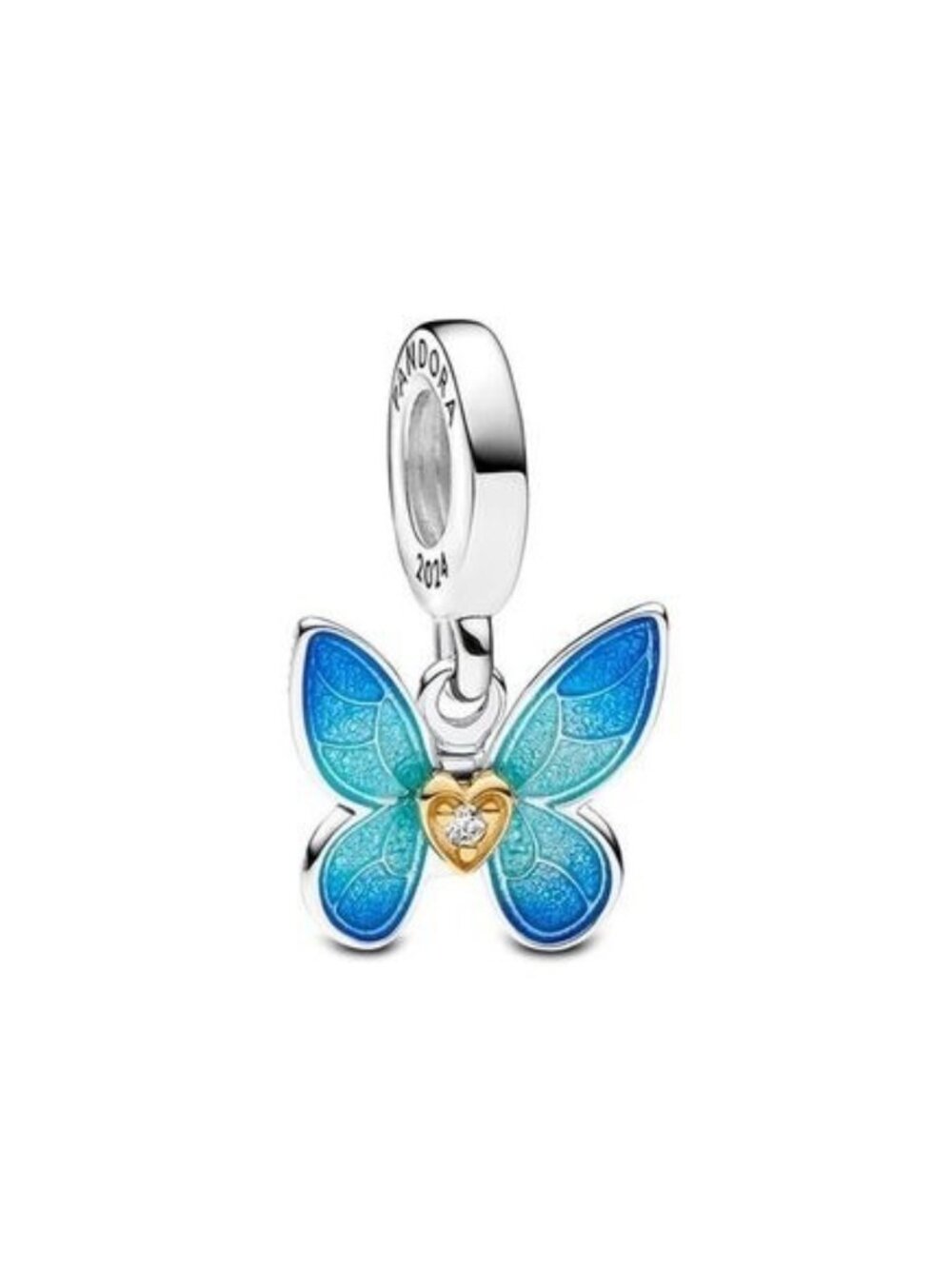 Pandora Blue Green Butterfly Dangle Charm with Gold Heart
